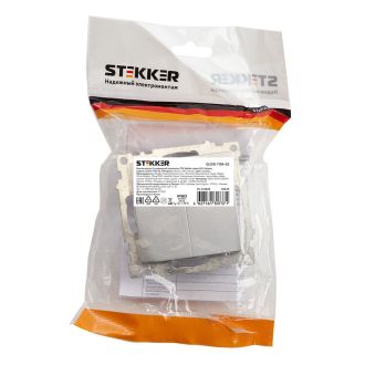 Выключатель 2-клавишный (механизм), STEKKER GLS10-7104-03, 250V, 10А, серия Катрин, серебро, 39578