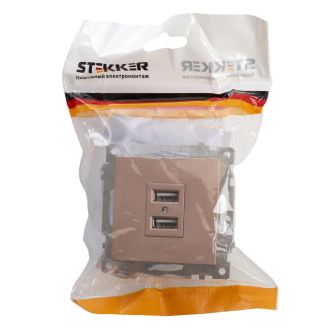 Розетка USB 2-местная (механизм), STEKKER GLS10-7115-02, 250B, 2,1A, серия Катрин, шампань, 39602