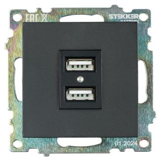 Розетка USB 2-местная (механизм), STEKKER GLS10-7115-05, 250B, 2,1А, серия Катрин, черный, 39616