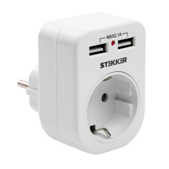 Переходник сетевой с/з c 2 USB 2,1А, STEKKER ADP16-24-20, 250В, 16A, IP20, белый, 39626