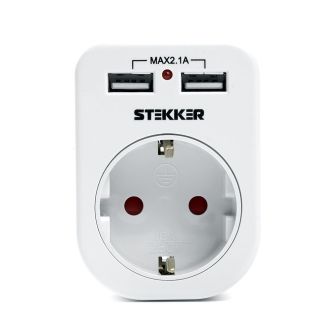 Переходник сетевой с/з c 2 USB 2,1А, STEKKER ADP16-24-20, 250В, 16A, IP20, белый, 39626