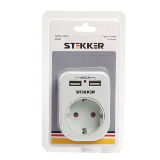 Переходник сетевой с/з c 2 USB 2,1А, STEKKER ADP16-24-20, 250В, 16A, IP20, белый, 39626