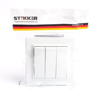 Выключатель 3-клавишный STEKKER PSW10-9007-01, 250В, 10А, серия Эрна, белый, 39922