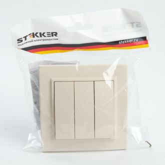 Выключатель 3-клавишный STEKKER PSW10-9007-02, 250В, 10А, серия Эрна, слоновая кость, 39923