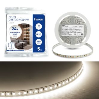 Светодиодная LED лента Feron LS501, 120SMD(2835)/м 11Вт/м 24V 5000*8*1.22мм 4000К IP20, 41057