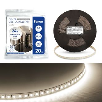 Светодиодная лента Feron LS520 стабилизированная, 120SMD(2835)/м 11Вт/м 24V 20000*10*1.22мм 4000К IP20, 41277