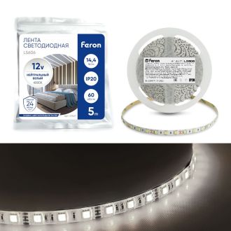 Светодиодная LED лента Feron LS606, 60SMD(5050)/m 14.4W/m 12V 5m 4000К, 41447