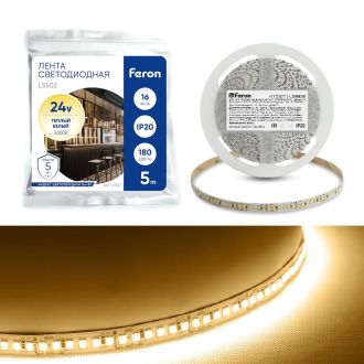 Светодиодная LED лента Feron LS502, 180SMD(2835)/м 16Вт/м 24V 5000*10*1.22мм 3000К IP20, 41527