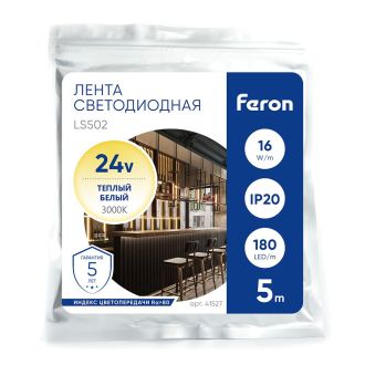 Светодиодная LED лента Feron LS502, 180SMD(2835)/м 16Вт/м 24V 5000*10*1.22мм 3000К IP20, 41527