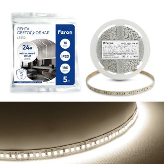 Светодиодная LED лента Feron LS502, 180SMD(2835)/м 16Вт/м 24V 5000*10*1.22мм 4000К IP20, 41528