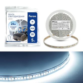 Светодиодная LED лента Feron LS502, 180SMD(2835)/м 16Вт/м 24V 5000*10*1.22мм 6000К IP20, 41529