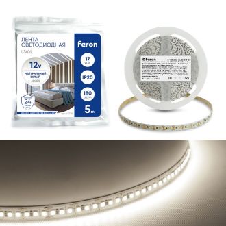 Светодиодная LED лента Feron LS616, 180SMD(2835)/m 17W/m 12V 5m 4000К, 41530