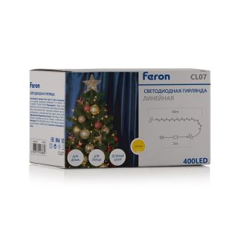 Светодиодная гирлянда Feron CL07 линейная, статичная, 40м + 3м 230V желтый c питанием от сети, зеленый шнур, 41620