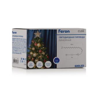 Светодиодная гирлянда Feron CL08 линейная, статичная, 60м + 3м 230V желтый c питанием от сети, зеленый шнур, 41621