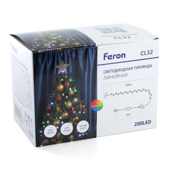 Светодиодная гирлянда Feron CL32 линейная 20 м +3м 230V мультиколор, c питанием от сети, черный шнур, 48176