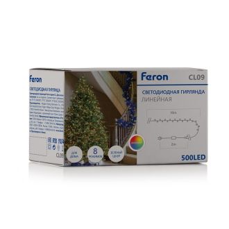Светодиодная гирлянда Кластер Feron CL09 линейная 10м + 2м 230V мультиколор, c питанием от сети, зеленый шнур, 48179