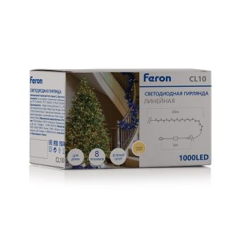 Светодиодная гирлянда Кластер Feron CL10 линейная 20м + 3м 230V 2700К, c питанием от сети, зеленый шнур, 48181