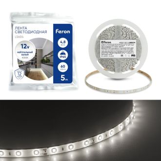 Светодиодная LED лента Feron LS604, 60SMD(2835)/m 4.8W/m 12V IP65 5m, 4000К, 48219