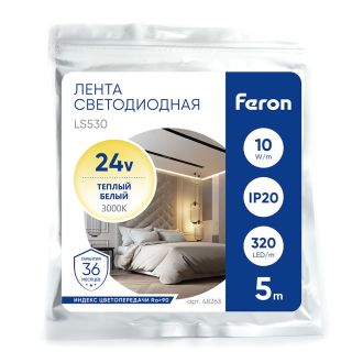 Светодиодная COB лента Feron LS530, 320SMD(2110) 10Вт/м 24V 5000*8*1.8мм 3000К IP20, 48263