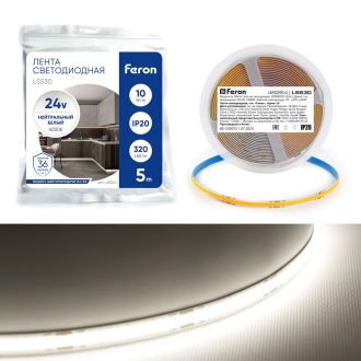 Светодиодная COB лента Feron LS530, 320SMD(2110) 10Вт/м 24V 5000*8*1.8мм 4000К IP20, 48264