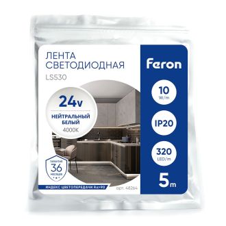 Светодиодная COB лента Feron LS530, 320SMD(2110) 10Вт/м 24V 5000*8*1.8мм 4000К IP20, 48264