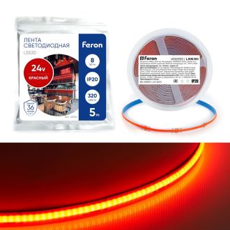 Светодиодная COB лента Feron LS530 320SMD(2110) 10Вт/м 24V 5000*8*1,8мм IP20, красный, 48266