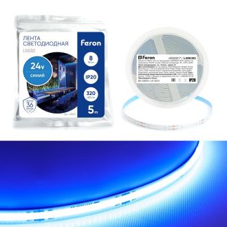 Светодиодная COB лента Feron LS530 320SMD(2110) 10Вт/м 24V 5000*8*1.8мм IP20, синий, 48267