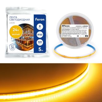 Светодиодная COB лента Feron LS530 320SMD(2110) 10Вт/м 24V 5000*8*1.8мм IP20, желтый, 48269