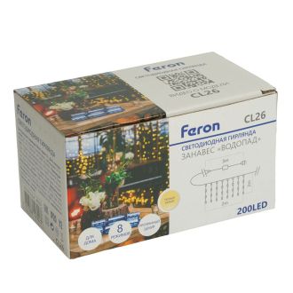 Светодиодная гирлянда Feron CL26 занавес Водопад 2*2м + 3м 230V 2700К с контроллером, c питанием от сети, прозрачный шнур, 48595