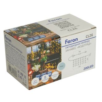 Светодиодная гирлянда Feron CL26 занавес Водопад 2*2м + 3м 230V 5000К с контроллером, c питанием от сети, прозрачный шнур, 48596