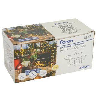 Светодиодная гирлянда Feron CL27 занавес Водопад 3*3м + 3м 230V 2700K с контроллером, c питанием от сети, прозрачный шнур, 48598