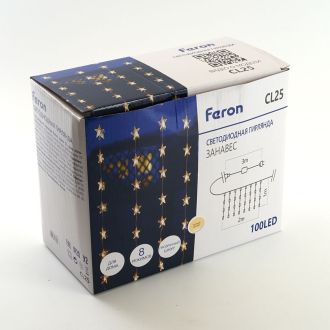 Светодиодная гирлянда Feron CL25 занавес Звездочки 2*1м + 3м 2700K с контроллером, c питанием от сети 230V, прозрачный шнур, 48607
