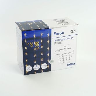 Светодиодная гирлянда Feron CL25 занавес Звездочки 2*1м + 3м 5000K с контроллером, c питанием от сети 230V, прозрачный шнур, 48608