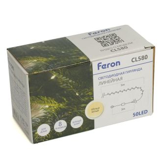 Светодиодная гирлянда Feron CL580 линейная Роса (на плоском проводе) 220V 2700К c питанием от сети, 48625