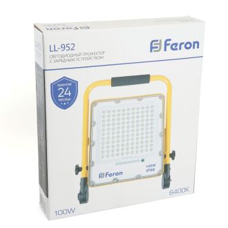 Светодиодный прожектор Feron LL-952 переносной с зарядным устройством IP66 100W 6400K, 48677
