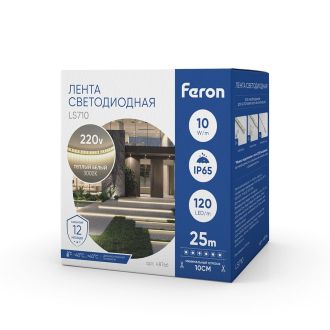 Светодиодная LED лента Feron LS710, 120SMD(2835)/м 10Вт/м 220V длина 25м, 3000K, IP65, с 1 сетевым шнуром, 2 заглушками, 2 коннекторами в комплекте, 48766
