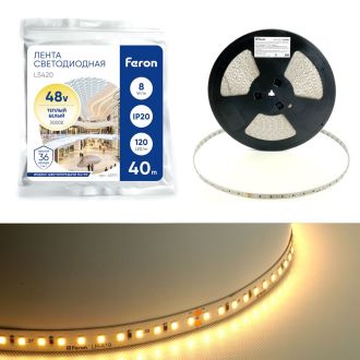 Лента светодиодная стабилизированная 120SMD(2835)/м 8Вт/м 48V 40000*10*1.22мм 3000К, IP20 LS420 FERON, 48791