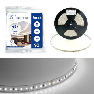 Лента светодиодная стабилизированная 120SMD(2835)/м 8Вт/м 48V 40000*10*1.22мм 4000К, IP20 LS420 FERON, 48792
