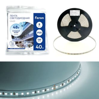 Лента светодиодная стабилизированная 120SMD(2835)/м 8Вт/м 48V 40000*10*1.22мм 6500К, IP20 LS420 FERON, 48793