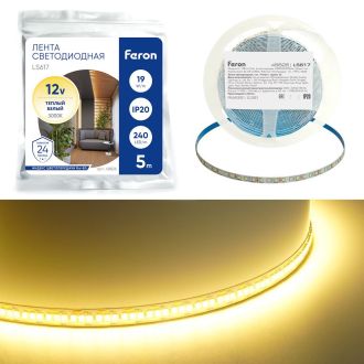 Светодиодная LED лента Feron LS617, 240SMD(2835)/м 19Вт/м 12V 5000*10*1.22мм 3000К, IP20, 48826