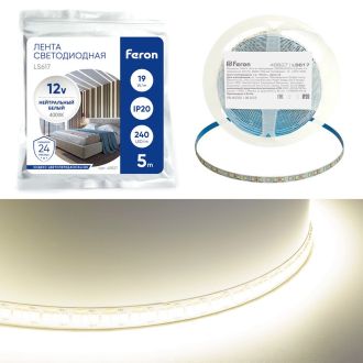 Светодиодная LED лента Feron LS617, 240SMD(2835)/м 19Вт/м 12V 5000*10*1.22мм 4000К, IP20, 48827