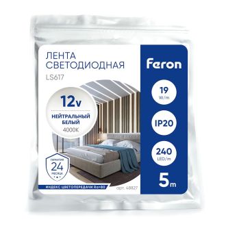 Светодиодная LED лента Feron LS617, 240SMD(2835)/м 19Вт/м 12V 5000*10*1.22мм 4000К, IP20, 48827