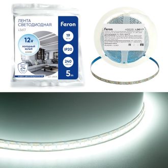 Светодиодная LED лента Feron LS617, 240SMD(2835)/м 19Вт/м 12V 5000*10*1.22мм 6500К, IP20, 48828