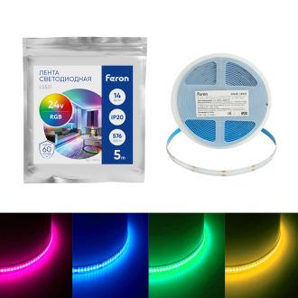 Светодиодная COB лента Feron LS531 576SMD(2110) 14Вт/м 24V 5000*10*1.8мм RGB, IP20, 48946