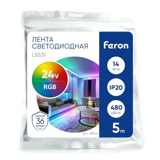 Светодиодная COB лента Feron LS531 576SMD(2110) 14Вт/м 24V 5000*10*1.8мм RGB, IP20, 48946