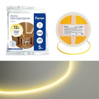 Светодиодная COB лента Feron LS630, 400SMD(2110)/ 7Вт/м 12V 5000*3*1.8мм 3000K, IP20, 48947