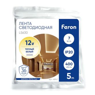 Светодиодная COB лента Feron LS630, 400SMD(2110)/ 7Вт/м 12V 5000*3*1.8мм 3000K, IP20, 48947