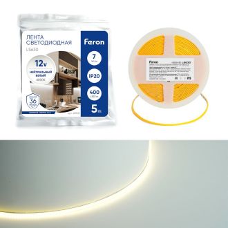 Светодиодная COB лента Feron LS630, 400SMD(2110)/ 7Вт/м 12V 5000*3*1.8мм 4000K, IP20, 48948