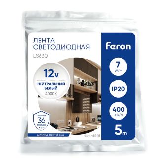 Светодиодная COB лента Feron LS630, 400SMD(2110)/ 7Вт/м 12V 5000*3*1.8мм 4000K, IP20, 48948