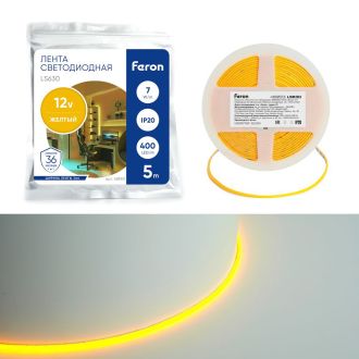 Светодиодная COB лента Feron LS630, 400SMD(2110)/ 7Вт/м 12V 5000*3*1.8мм желтый, IP20, 48950